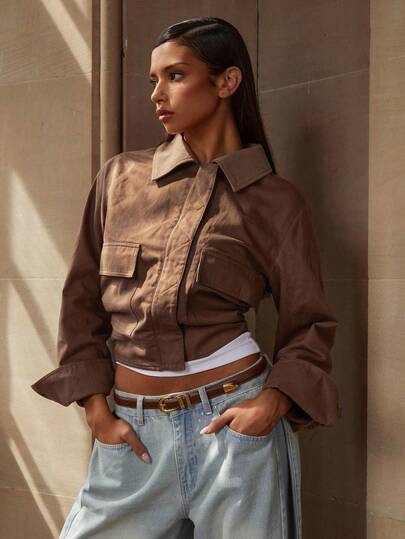 Athîral 秋冬女式纯色前扣口袋休闲长袖夹克