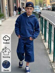 Denimly Boys' Casual Daily Urban Street Personalized Hoodie, Elastic Waist Zipper Closure, Comfortable Washed Denim Loose Fit Jeans Two Pieces Set - Medium Wash - View 1