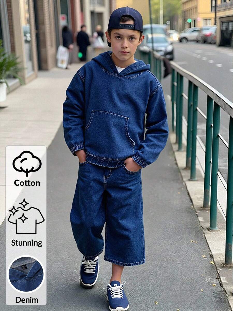 Denimly Boys' Casual Daily Urban Street Personalized Hoodie, Elastic Waist Zipper Closure, Comfortable Washed Denim Loose Fit Jeans Two Pieces Set - Medium Wash - View 1