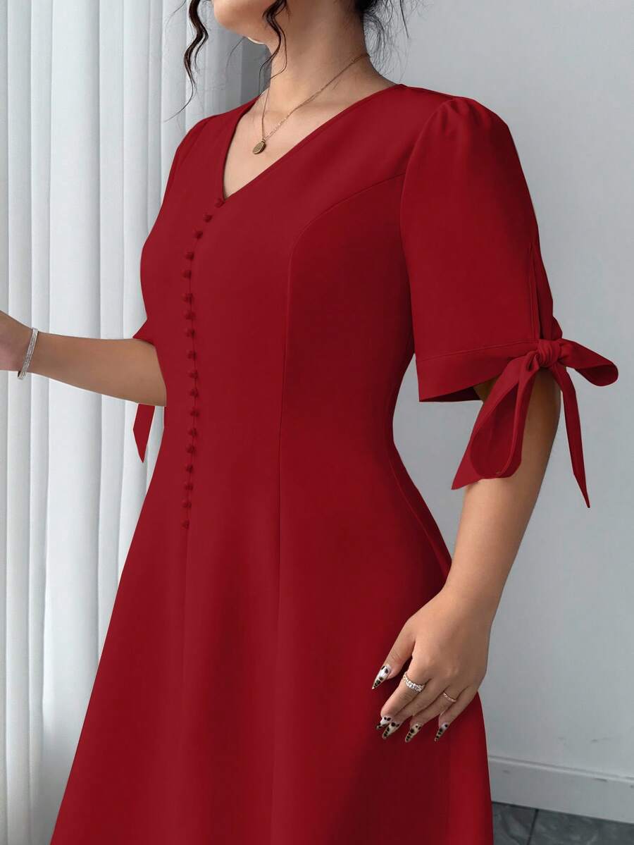 Elenzga Plus Size Women's Solid Color Button Design V-Neck Bowknot Short Sleeve Elegant Dress - Red - View 1