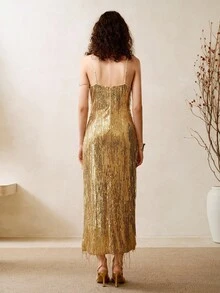 Arave 女式编织亮片流苏细肩带束腰紧身派对/音乐会连衣裙，夏季 - 金色 - 查看 3