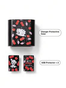 Betty Boop x SHEIN 卡通人物图形数据线保护套 兼容充电器 樱桃印花图案 3件套手机线保护套 充电器保护套（不含数据线） - 黑色 - 查看 3