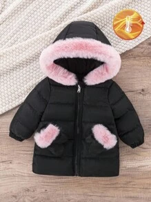 SHEIN Playful Pals 女婴新款带帽仿毛领冬季加厚外套，含手套，拉链前襟，休闲百搭，秋冬季