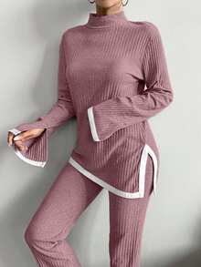 EURMUSE Cotton Contrast Binding Split Hem Tee & Pants - Dusty Pink - View 5
