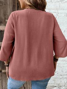 SHEIN CURVE+ 女士时尚纯色长袖V领衬衫 - 粉色 - 查看 2