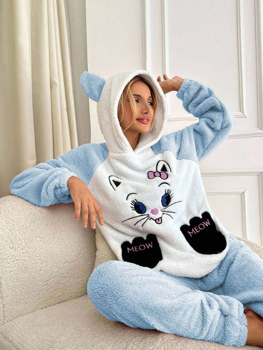 EURMUSE Women's Cartoon Cat Print Hooded Long Sleeve Top And Pant Fleece Pajama Set, Autumn/Winter - Baby Blue - View 1