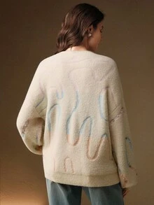 Anewsta 女士彩色条纹休闲毛衣，柔软舒适的串珠圆领针织上衣，适合女性在秋季、冬季、夏季、春季、新年、派对、婚礼等场合穿着，优雅、时尚、别致、商务休闲皆宜。 - 米色 - 查看 2