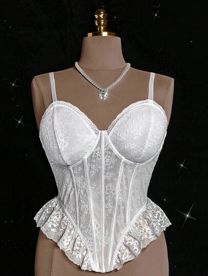 Grovea Elegant Sexy Daily Date Party Slit Lace Trim Underwire Bustier Camisole, Plus Size, White