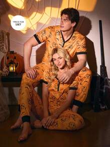 CoupledUp Halloween Funny Pumpkin Print V-Neck Contrast Color Block Men Casual Sleepwear Set - Orange - View 1