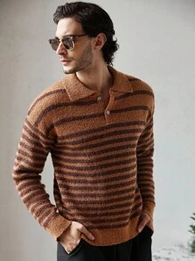 Manfinity Homme 男士条纹长袖 Polo 领休闲毛衣，秋季 - 彩色 - 查看 3
