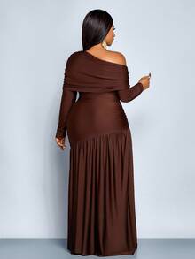 SOLERSUN Vestido largo de punto con abertura frontal, cuello de parche, hombro descubierto, manga larga y plisado en el borde para mujeres de talla grande. Ideal para fiestas, citas, graduación, boda, Halloween, Navidad y Año Nuevo - Café integral - Ver 2
