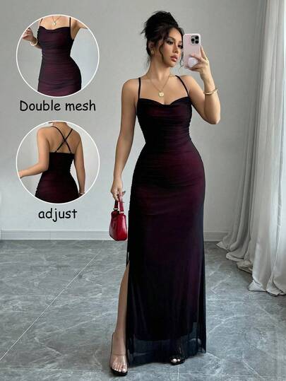 Rafferiza Petite Gaun Wanita Elegan Seksi Sederhana Warna Polos Tali Bahu Tipis yang Dapat Diatur, Bagian Belakang Silang, Belahan Tinggi, Gaun Musim Panas Ukuran Kecil untuk Makan Malam, Pesta Siang Hari, Warna Hitam