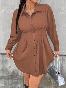 Vionelle Plus Size Women's Waist-Cinching Long Shirt Fall Cloth For Women - Coffee Brown - View 4
