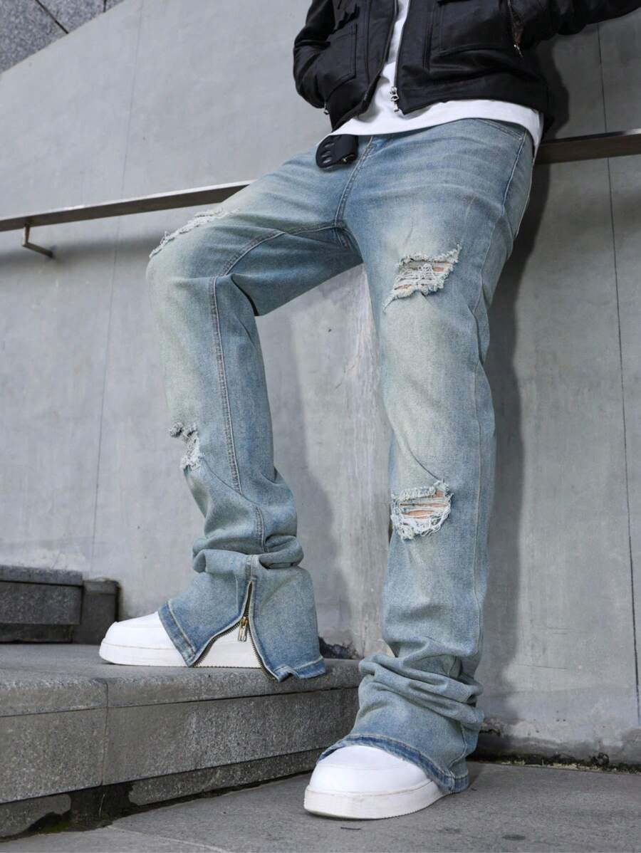 Manfinity LEGND Men's Ripped Jeans, Fashionable & Suitable For Summer - Light Wash - View 1