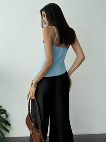 Firerie 全新优雅杏色亚麻不对称下摆褶饰腰部露背休闲衬衫，春夏 - 藍色 - 查看 6