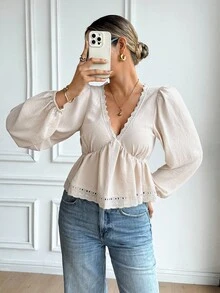 Serisse 女士法式休闲衬衫，灯笼袖蕾丝边刺绣宽松V领系带长袖上衣，适合日常通勤。秋冬新品，返校季，秋季女装，可爱上衣，外出上衣，复古女装，商务休闲女装，秋季女装，返校节，外出上衣，约会之夜，婚礼宾客，商务休闲女装，复古风格，四季皆宜的夏季 - 杏色 - 查看 6