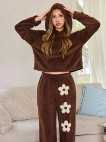 SHEIN 女士花卉刺绣抓绒连帽长袖上衣和裤子蓬松睡衣套装，冬季舒适优雅细节，秋季服装 - 棕色 - 查看 3