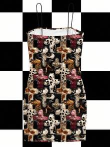 BiGraphic Patchwork Cross, Faux Leather Animal Print Leopard Tiger Faux Fur Halloween Street Goth Y2K Sexy Bodycon Mini Dress, Suitable For Autumn/Winter Parties, Gatherings And Daily Wear Pattern Dress Graphic Dress Cross Print Dress Animal Print Dress Multicolor Dress - Multicolor - View 2