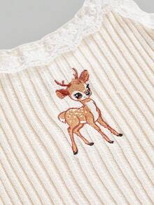 ROMWE Fairycore Y2K Cute Deer Embroidery Camisole + Allover Deer Print Knit Pants 2 Pieces Set - Beige - View 4