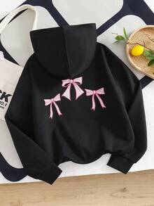 1pc Girls Zip-Up Hooded Long Sleeve Jacket, Butterfly Embroidery Decor On Back & Sleeves Fall Winter - Black - View 2