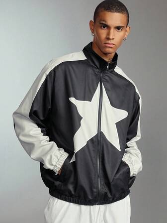 Street Life Chaqueta con patrón de estrella de cinco puntas, cuello alto, manga larga y cremallera, de bloque de color, para hombre, otoño