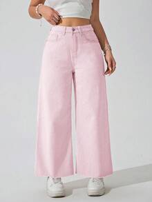 SHEIN ICON 女式休闲宽松阔腿纯色牛仔裤 - 粉色 - 查看 3