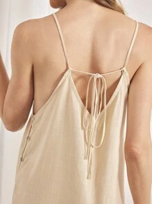 Ocili Leisure Natural Linen Comfortable Spaghetti Strap Shell Button Lace-Up Sleepwear Nightgown For Women - Apricot - View 3