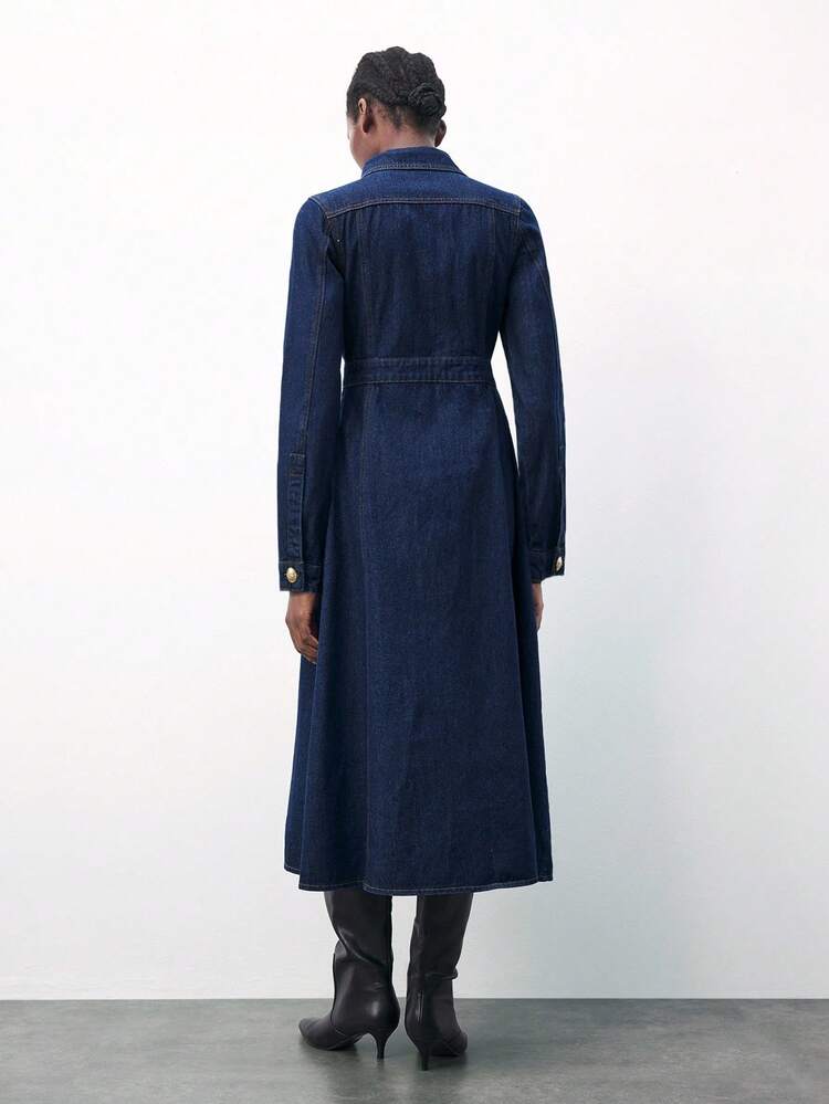 SHEIN Maija 여성 캐주얼 앞면 버튼 허리 신치 롱 슬리브 데님 드레스, 가을
