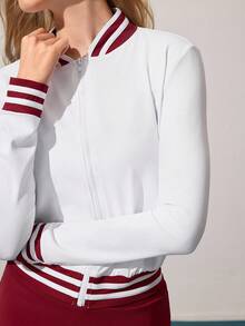 CourtClass Women's Contrast Striped Trim Zip-Up Baseball Jacket, Sports Jacket - White - View 4
