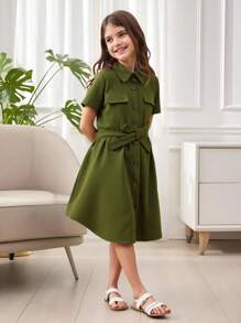 SHEIN Tween Girl Flap Detail Button Front Belted Shirt Dress