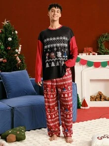 ELF X SHEIN Men's Christmas Themed Colorblock Long Sleeve Top And Pants Loungewear Set