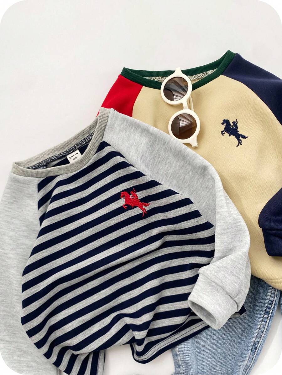 SHEIN 兒童男童 2件組 羅囊袖拼色刺繡圓領冬季運動衫,返校職業日秋季小男孩條紋上衣 - 彩色 - 查看 1
