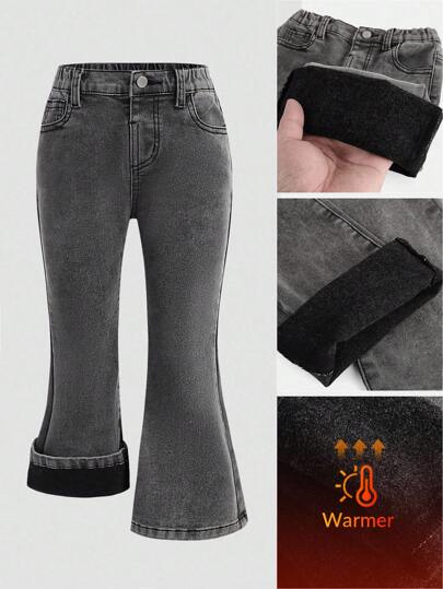 SHEIN Young Girls' Grey Washed Denim Thermal Lined Elastic Skinny Flare Jeans Pants,Kids Winter Keep Warm Clothes Outfits,Girls Back To School Homecoming Outfits,Solid Color Elegant & Simple & Versatile Flare Pants, Fall Autumn Winter Clothes Outfits,Kids Back To School Streetwear Outfits,Comfortable And Versatile, For 4-7 Years Old Girls, Suitable For School, Home And Travel, Girls Flare Jeans, Tween Flareds, Kids Flared Jeans, Gray Jeans Girls, Winter Flare Jeans Girls