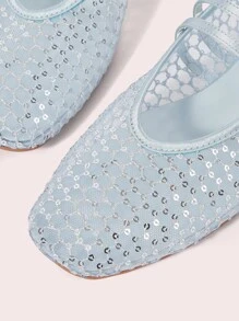 CUCCOO DOLLMOD 女士蓝色网眼缎面拼接玛丽珍平底鞋，时尚优雅可爱，适合度假 - 藍色 - 查看 6