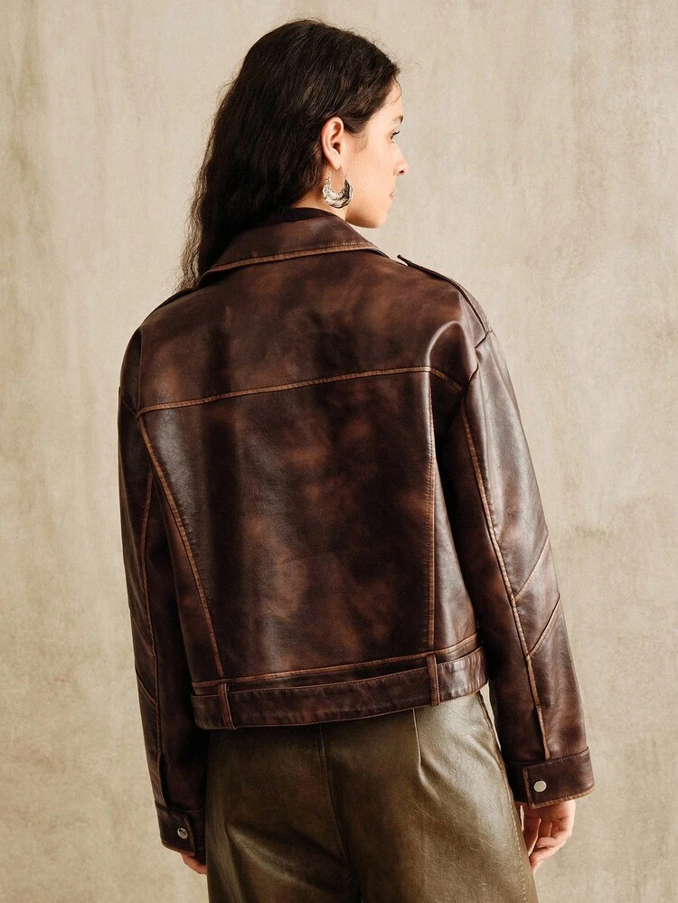 Chaqueta casual de manga larga con cremallera de cuero de PU vintage para mujer, adecuada para salir y fiestas, otoño/invierno