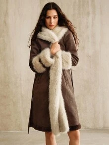 Anewsta Women's Long Faux Fur Collar PU Composite Fur Jacket - Brown - View 5