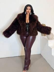 Maweii Plus Size Women Fluffy Curly Faux Fur French Elegant V-Neck Short Loose Burgundy Winter Jacket - Burgundy - View 5