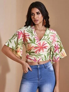 Miriam Omar 彩色印花系带前短款喇叭袖衬衫女夏季度假休闲 - 彩色 - 查看 4