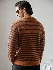 Manfinity Homme 男士条纹长袖 Polo 领休闲毛衣，秋季 - 彩色 - 查看 2
