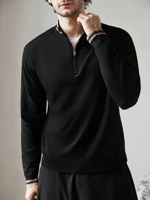 Manfinity CityGents Men's Striped Stand Collar Half Zip Front Casual Knit Sweater Mock Neck Men, Old Money , Fall Winter