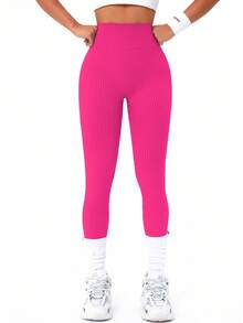 SHEIN Sports 女式高腰纯色罗纹无缝瑜伽紧身裤 - 玫紅色 - 查看 3