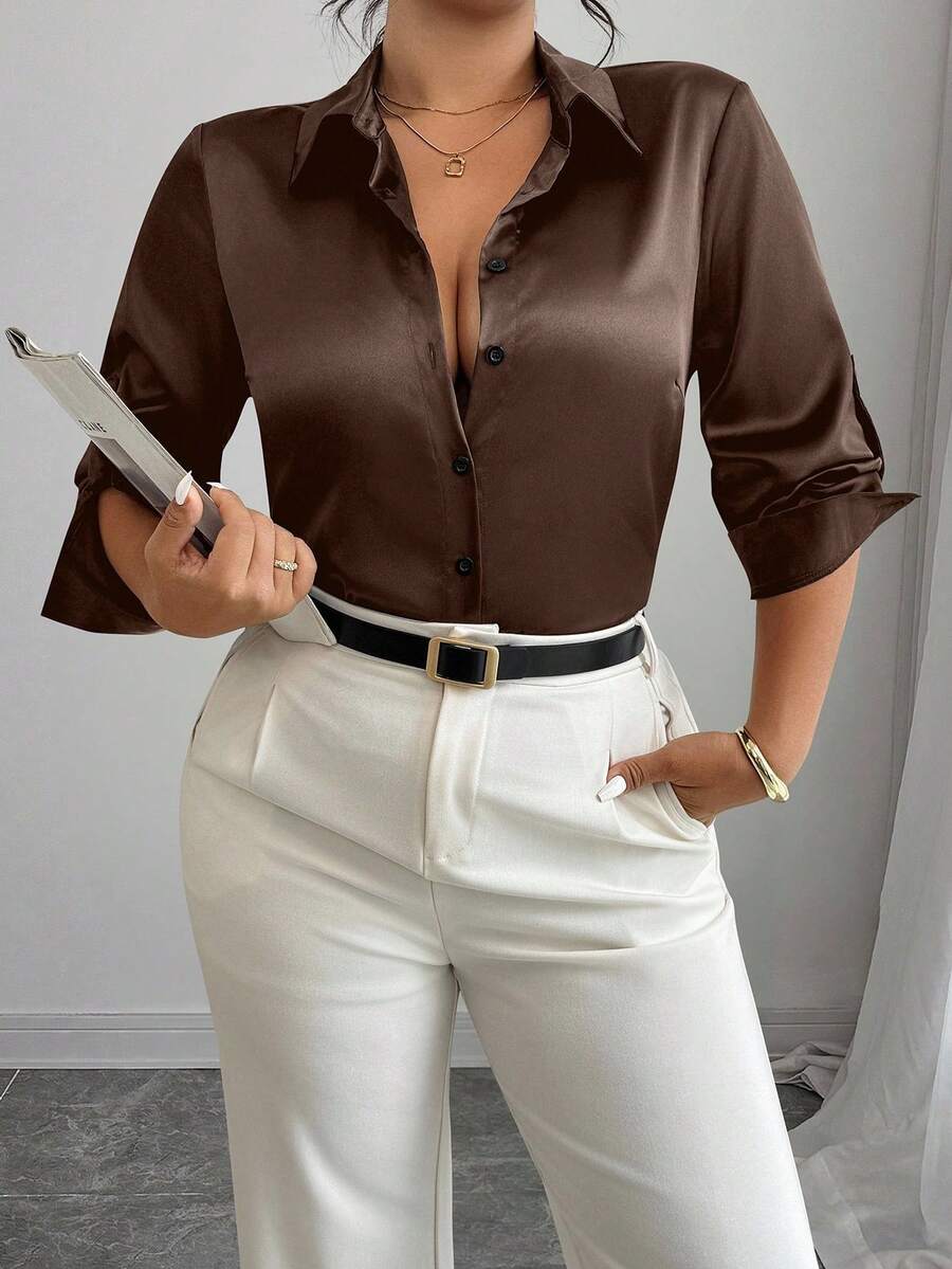 Elenzga Plus Size Solid Color Button-Front Long Sleeve Shirt, Autumn Fall Cloth For Women - Coffee Brown - View 1