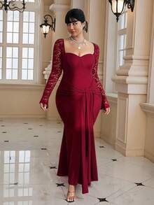 Viva Relle Plus Size Women's Burgundy Autumn Elegant Formal Wedding Guest Cocktail Gown,Vintage Lace Patchwork Long Sleeve Ruched Hip Flowy Fitted Party Dress - Burgundy - View 4