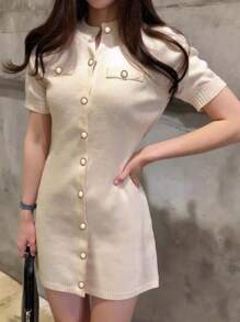 Vestido de punto de manga corta con botones de unicolor para mujer - Albaricoque - Ver 1