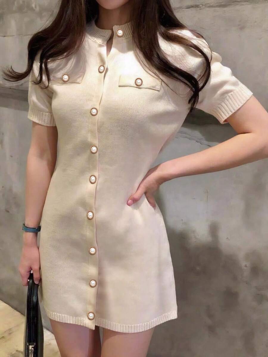 Vestido de punto de manga corta con botones de unicolor para mujer - Albaricoque - Ver 1