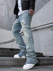 Manfinity LEGND Men's Ripped Jeans, Fashionable & Suitable For Summer - Light Wash - View 4