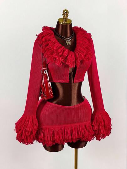  Y2K Amplova 女款流苏修身长袖上衣和流苏修身迷你裙两件套服装