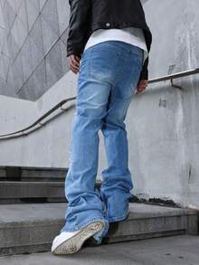 Manfinity EMRG 男士破洞牛仔裤，时尚适合夏季 - 中等水洗藍 - 查看 6