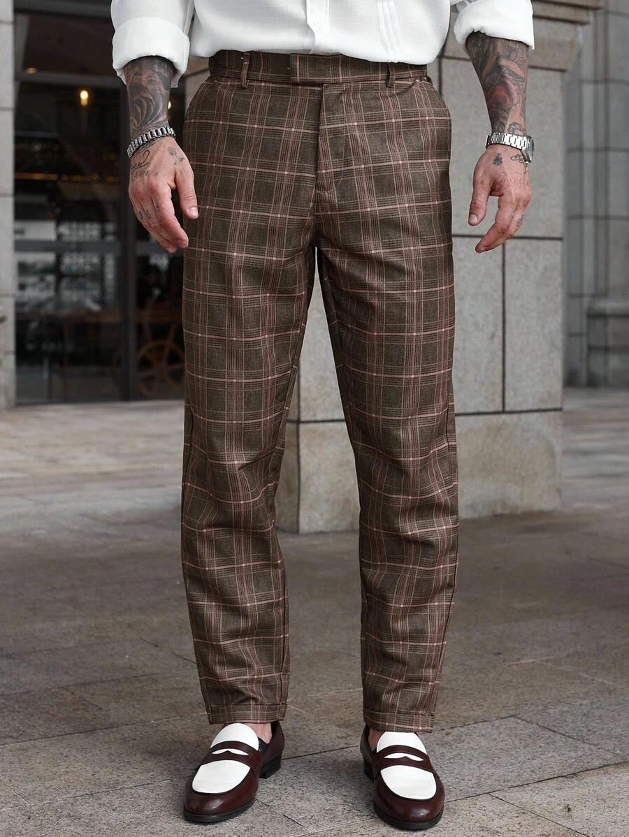 Manfinity CasualCool Pantalones casuales de hombre con estampado de cuadros, bolsillo y cintura elástica, estilo "Old Money"