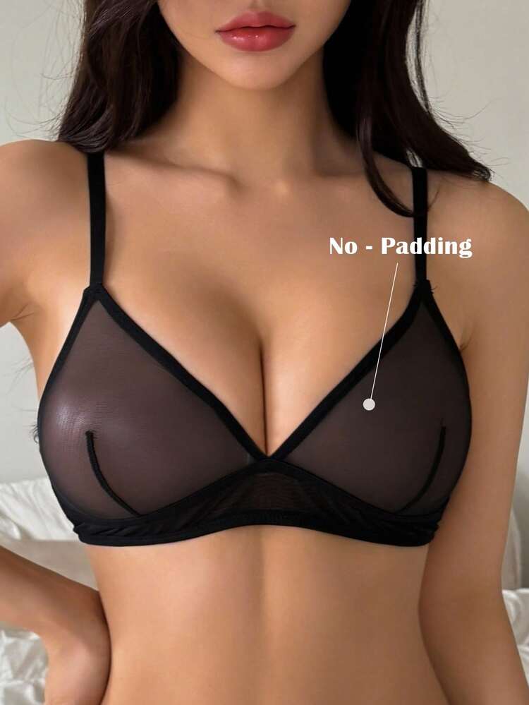 Mesh Sheer Solid Color Adjustable Spaghetti Strap Lightly Gathered Sexy Bra For Women Lingerie For Women
